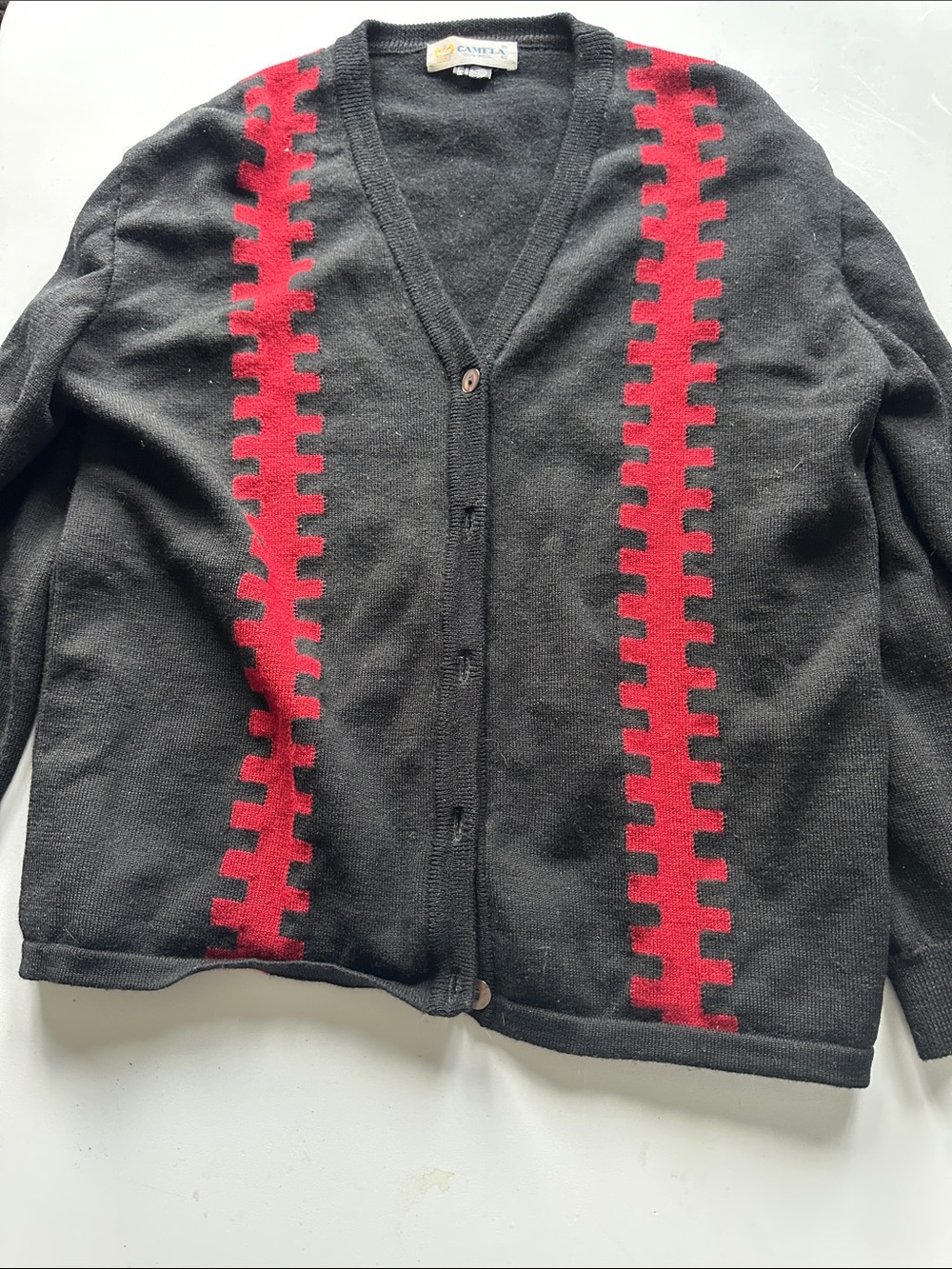 S—UNISEX Black Cardigan with Red Vertical Accent